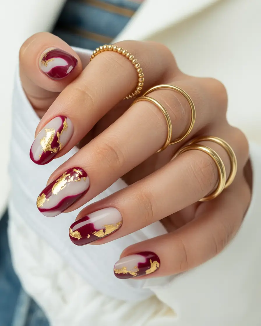 Fall Foil Accent Nails Wine & Gold Elegance