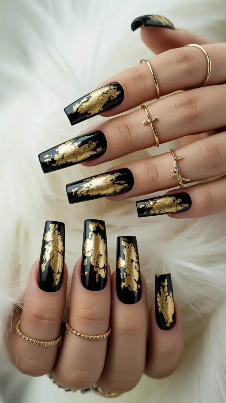 Fall Foil Accent Nails Black and Gold Power Play