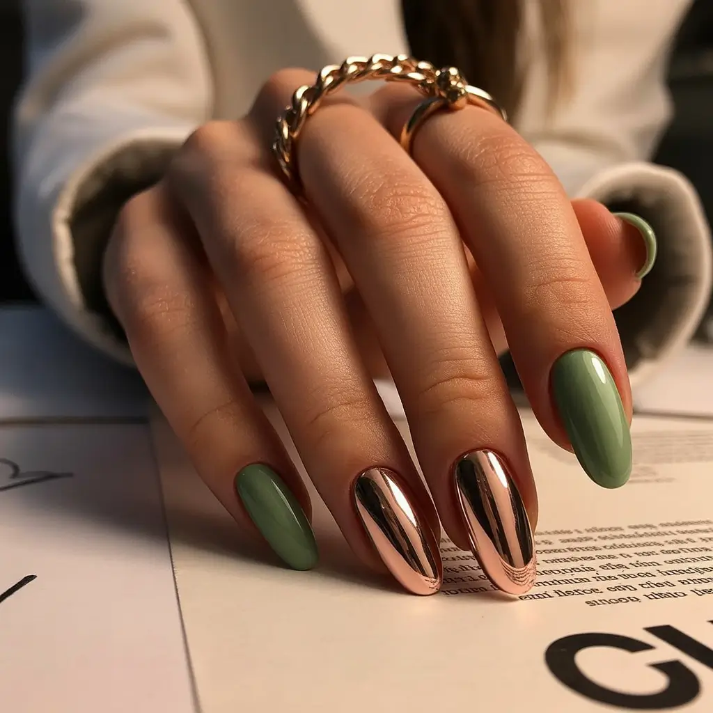 Fall Foil Accent Nails Chrome Meets Olive