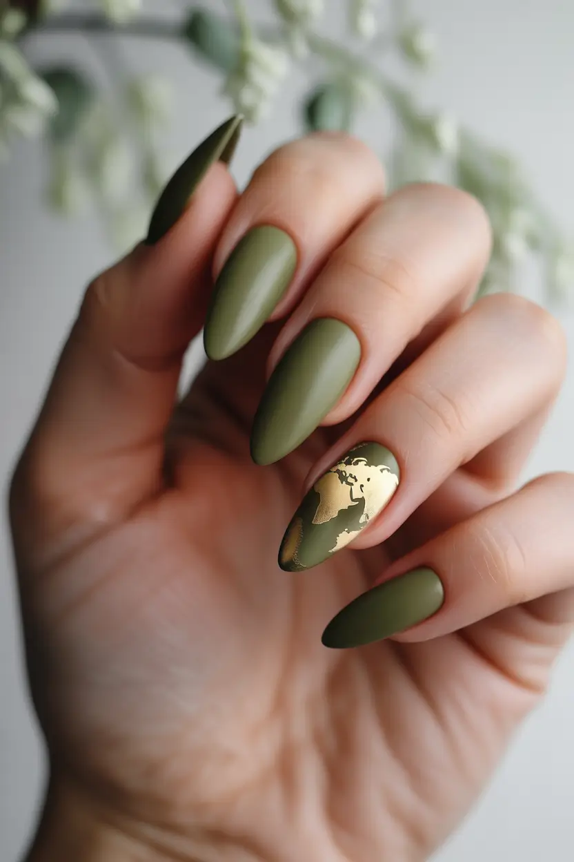 Fall Foil Accent Nails Olive Earth Map