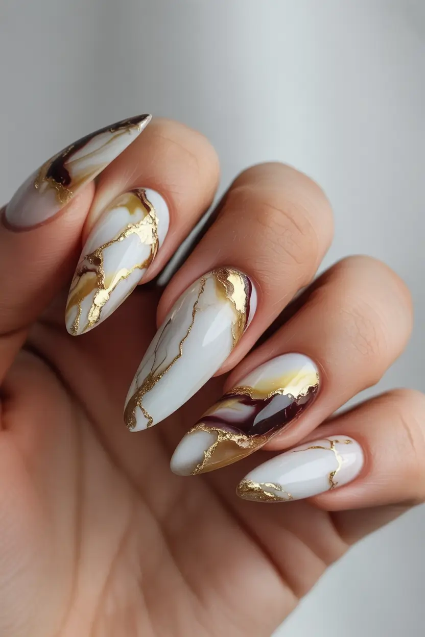 gold fall nails Marbled Elegance with Golden Veins