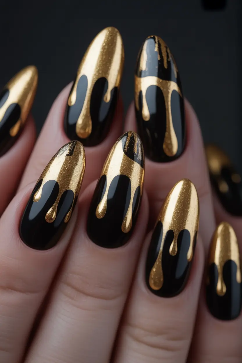 gold fall nails Black and Gold Drip Drama