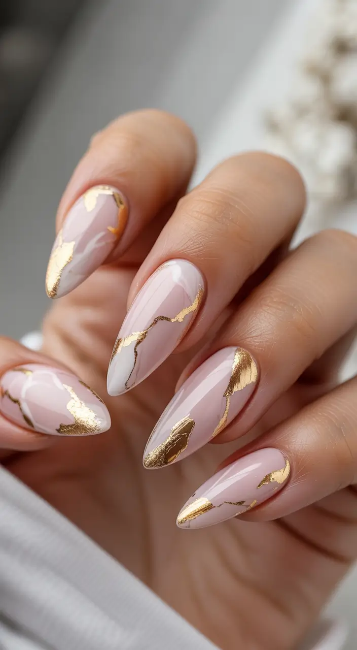 gold fall nails Subtle Nude Marble with Gold Flecks