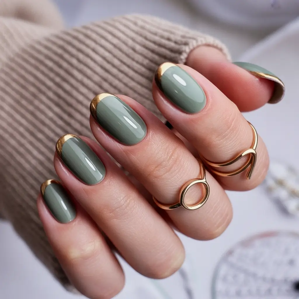 gold fall nails Olive Green French with Golden Tips