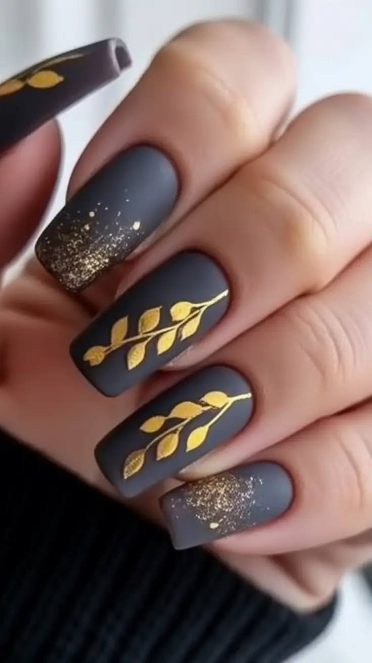 gold fall nails Matte Charcoal with Golden Leaves
