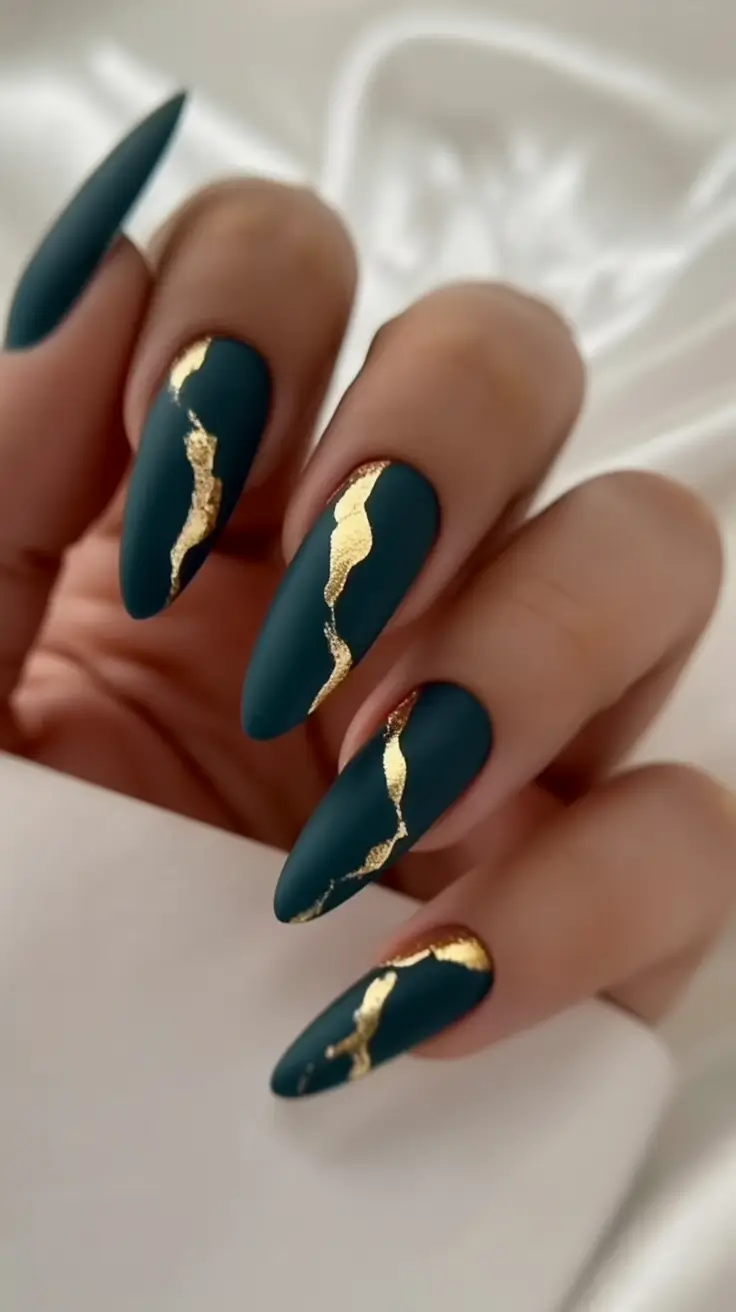 gold fall nails Dark Green Marble with Gold Accents