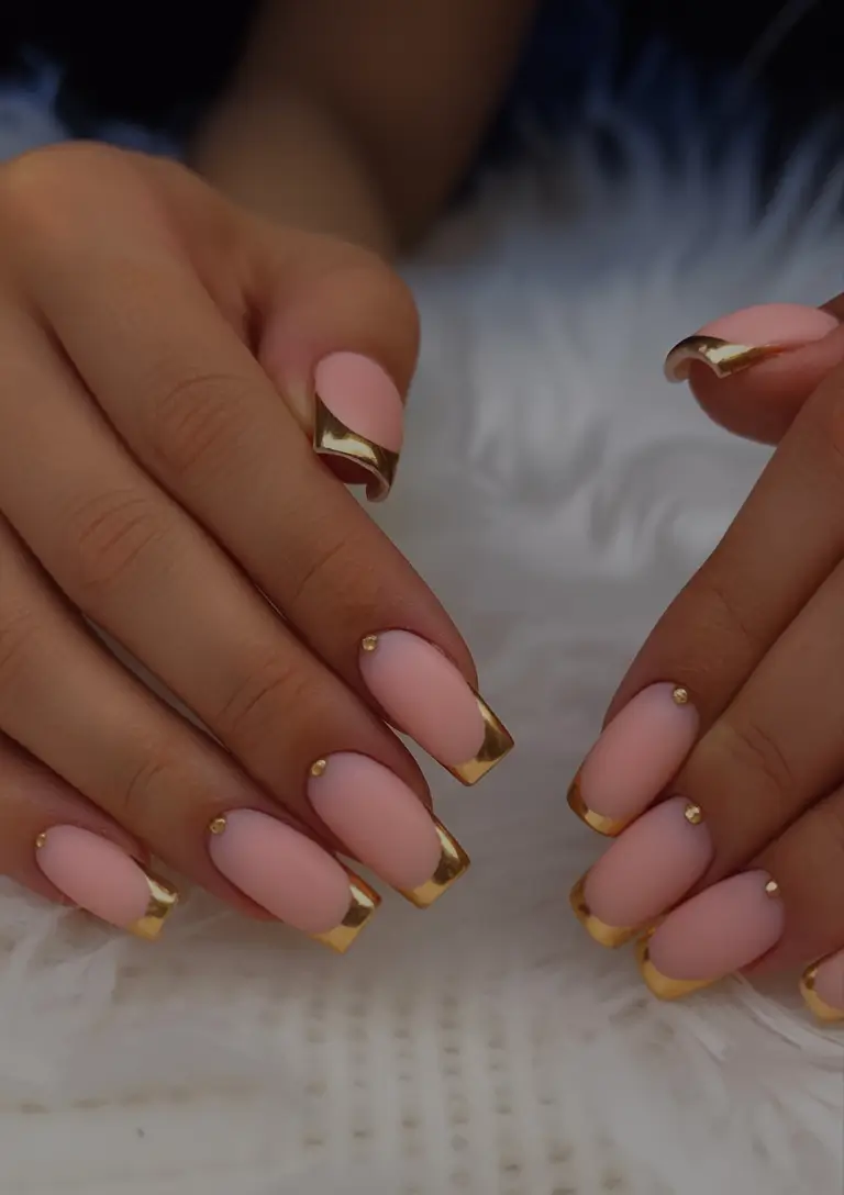 gold fall nails Soft Pink and Gold French Elegance