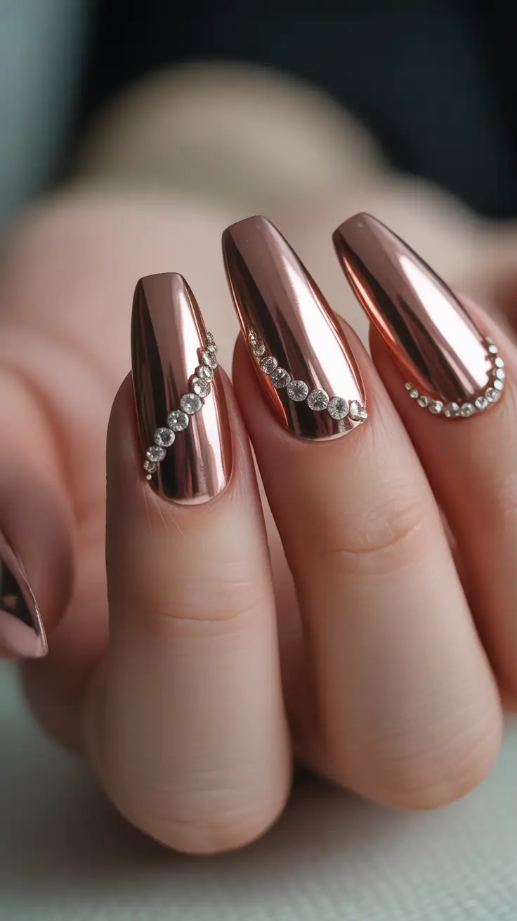 gold fall nails Rose Chrome with Crystal Accents