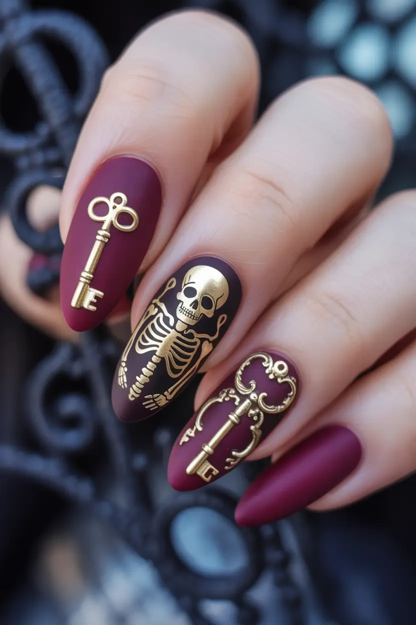 gold fall nails Gothic Burgundy with Gold Accents