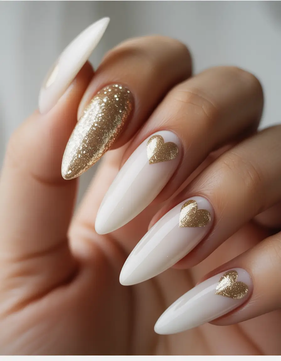 gold fall nails Golden Hearts on White Canvas
