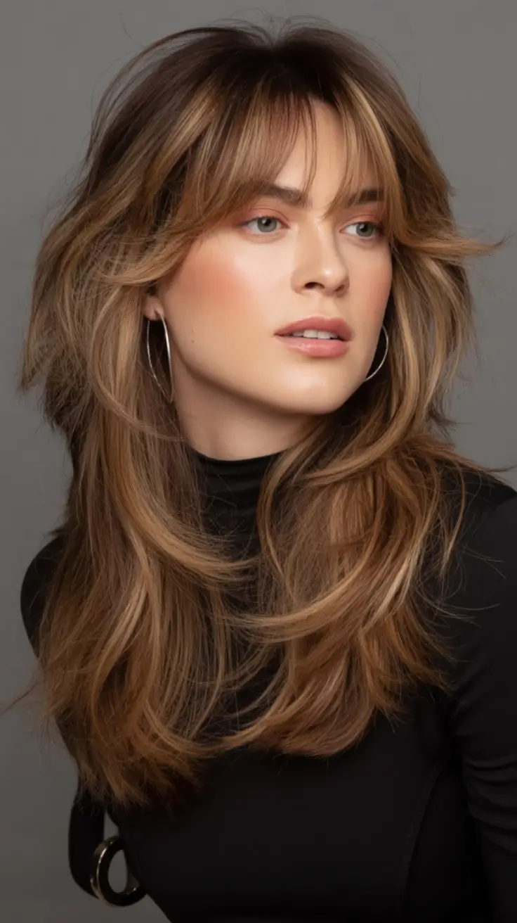 October haircuts Layered Brunette With Curtain Fringe