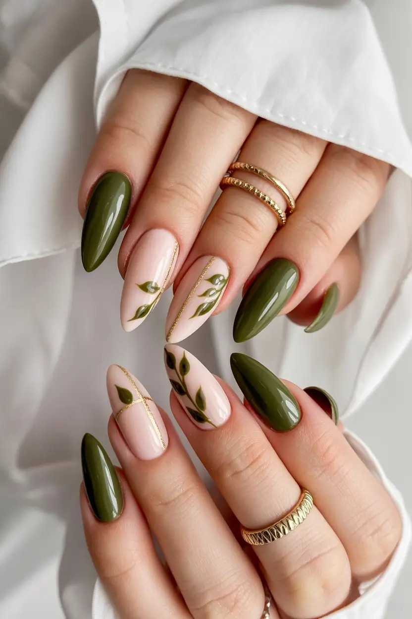 Olive green fall nails Almond With Leafy Gold Accents