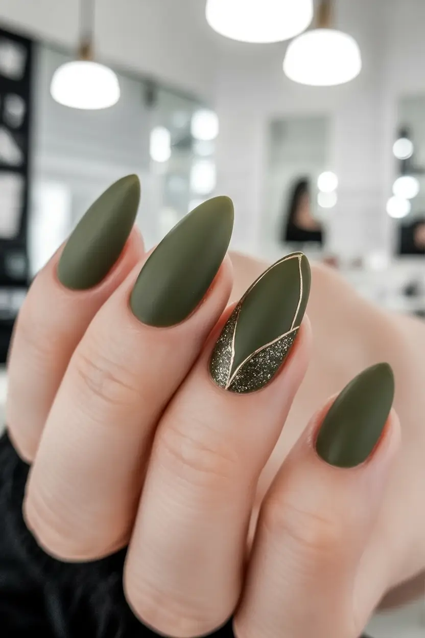 Olive green fall nails Olive Almond Nails With Gold-Edged Accent