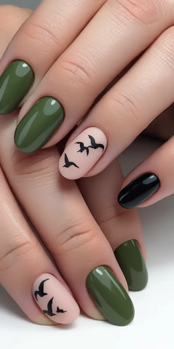 Olive green fall nails Olive and Nude Nails With Bird Silhouettes
