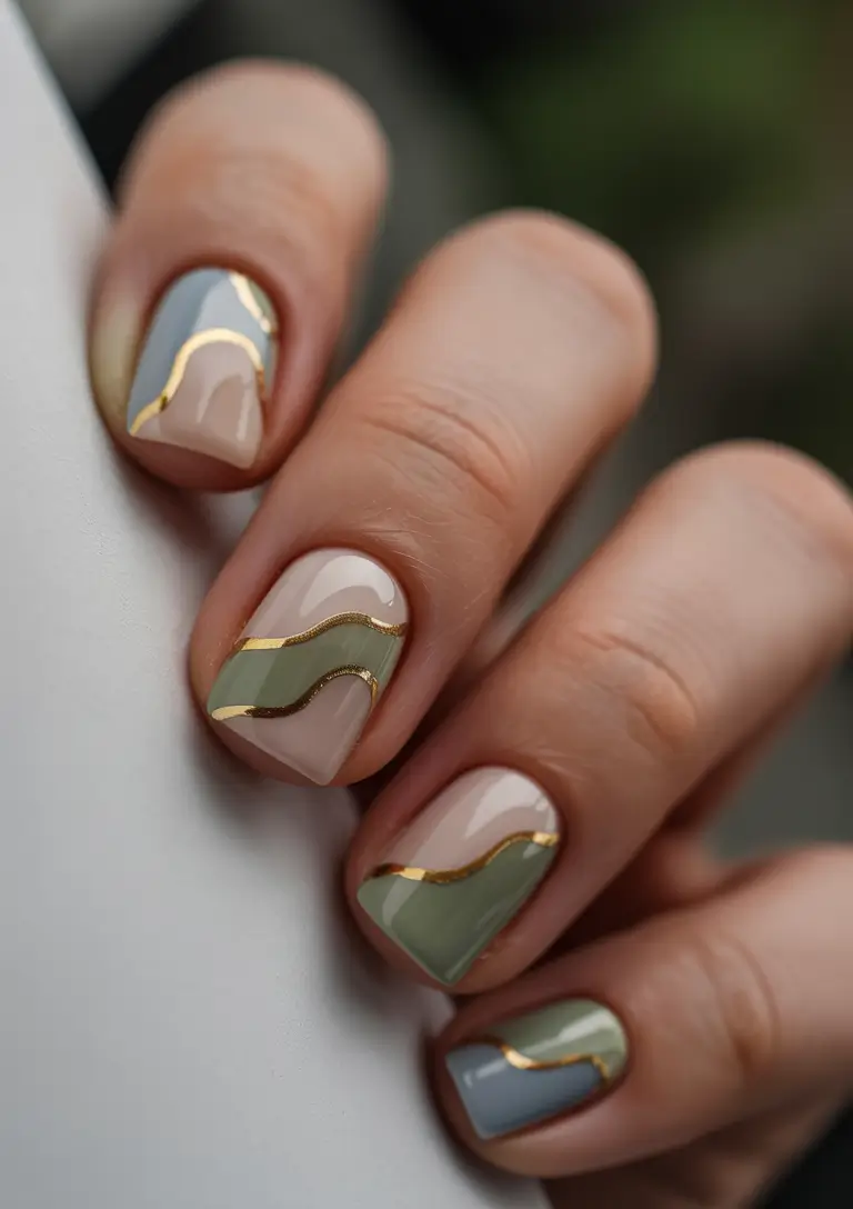 Olive green fall nails Olive, Nude, and Grey Wavy Accent Nails