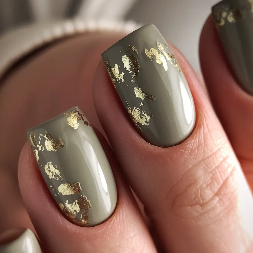 Olive green fall nails Olive Nails With Gold Foil Accents