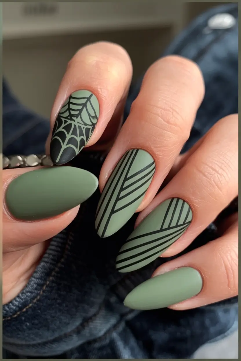 Olive green fall nails Matte Olive Almond Nails With Web and Geometric Art