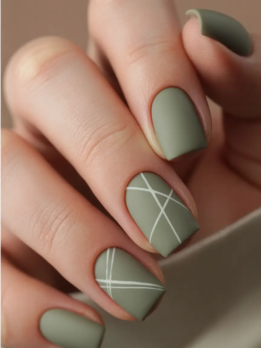 Olive green fall nails Short Matte Square Nails With White Cross-Lines