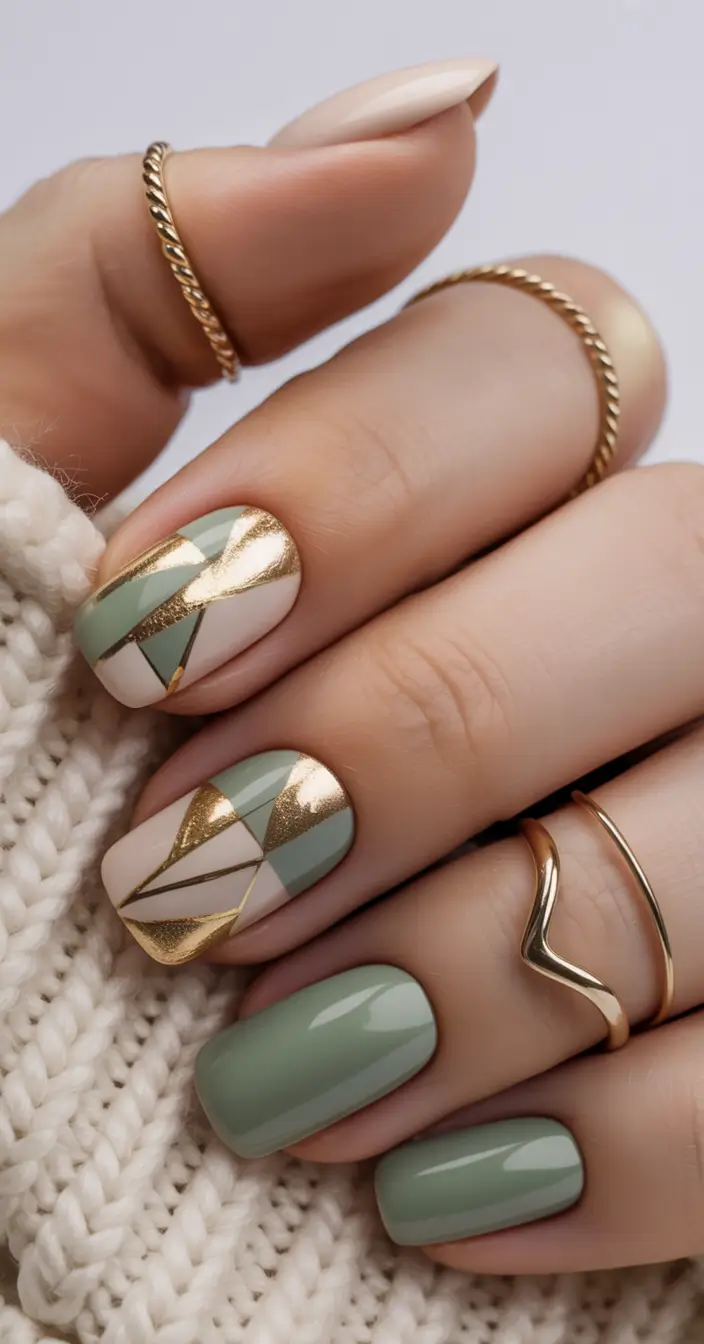 Olive green fall nails Olive and Gold Geometric Accent Nails