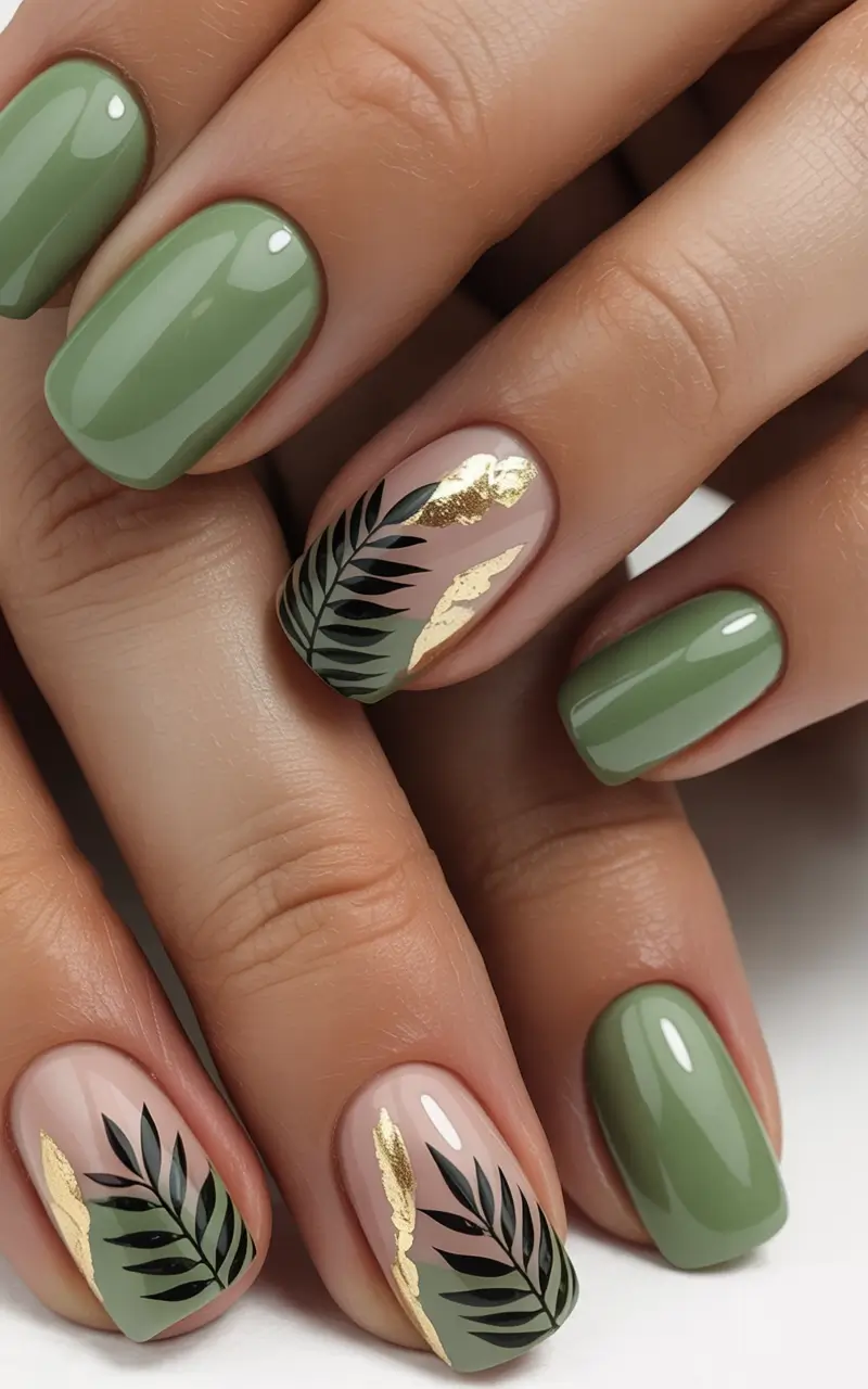 Olive green fall nails Olive and Nude Nails With Palm Leaf and Gold Foil
