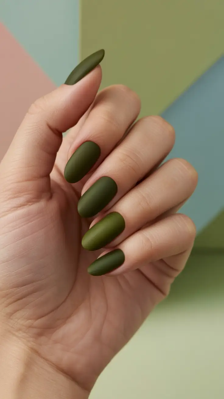 Olive green fall nails Velvety Matte Olive Green Nails