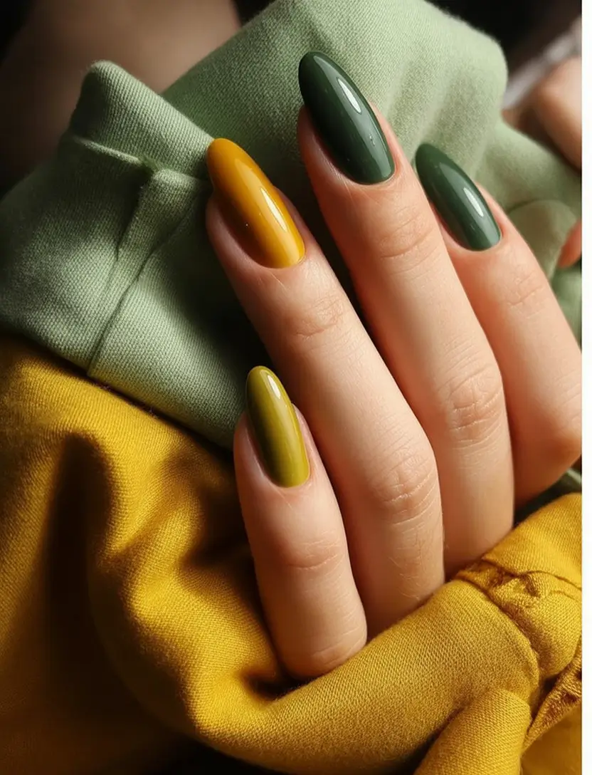 Olive green fall nails Olive and Mustard Glossy Almond Nails