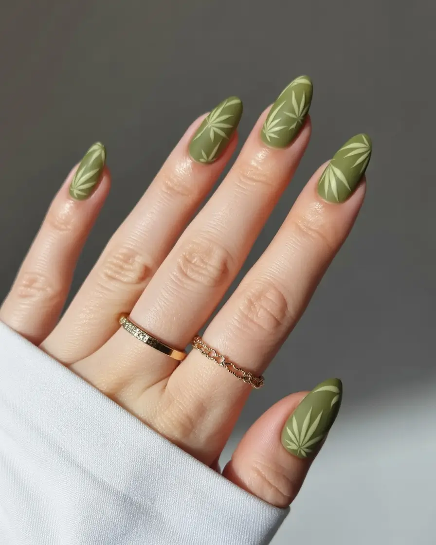 Olive green fall nails Matte Olive Almond Nails With Leaf Engraving