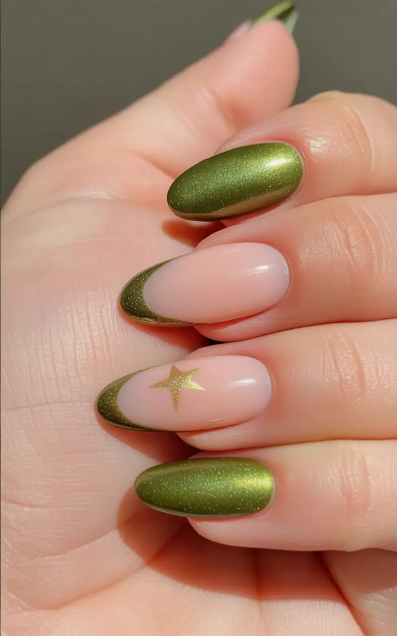 Olive green fall nails Metallic Olive French Almond Nails With Star Accent