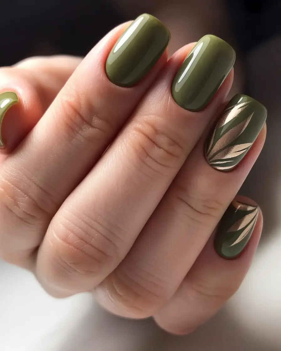 Olive green fall nails Glossy Olive With Subtle Leaf Art