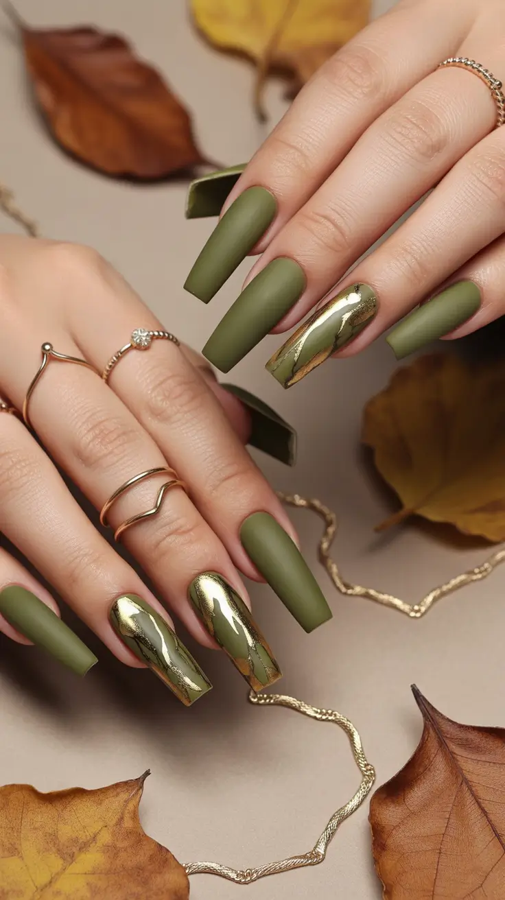 Olive green fall nails Olive Coffin Nails With Gold Chrome