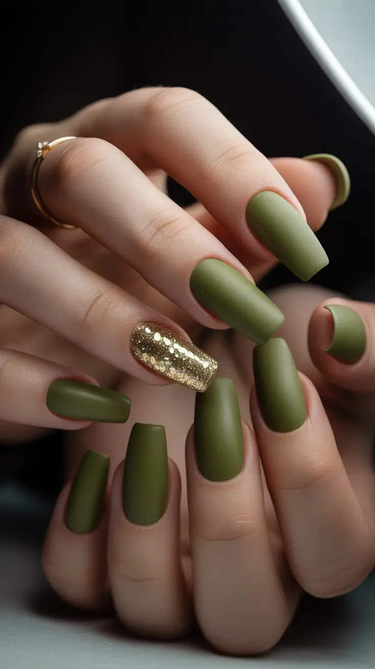 Olive green fall nails Olive Green With Gold Glitter Accent