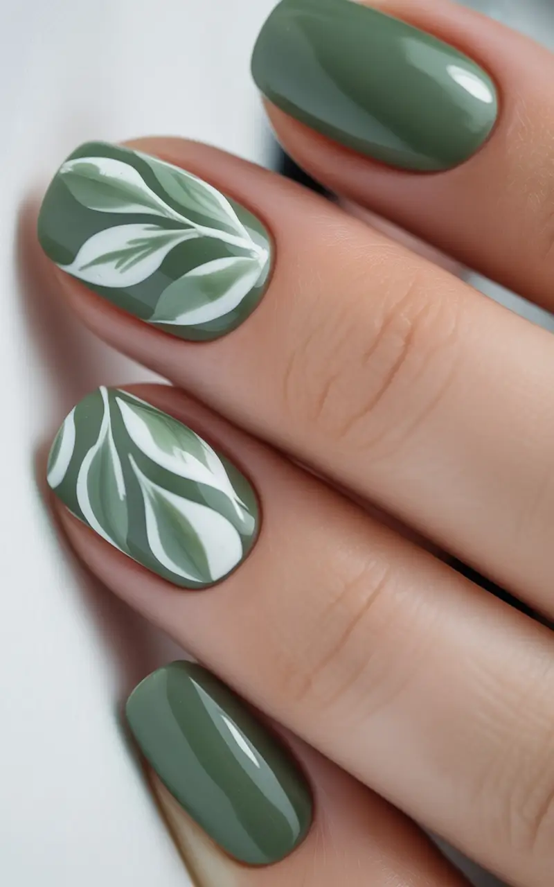 Olive green fall nails Olive Green With Flowing White Leaf Art