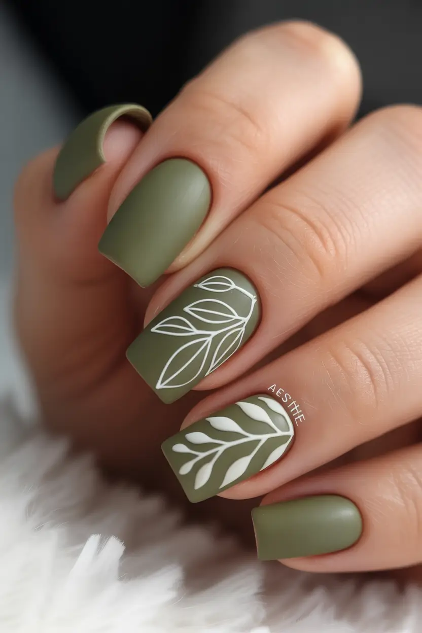 Olive green fall nails Matte Olive Square Nails With Minimalist White Outlines