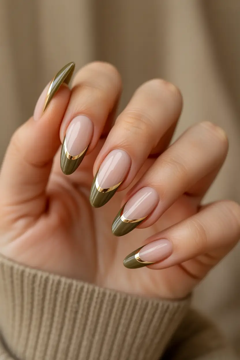 Olive green fall nails French Almond Tips in Olive and Gold