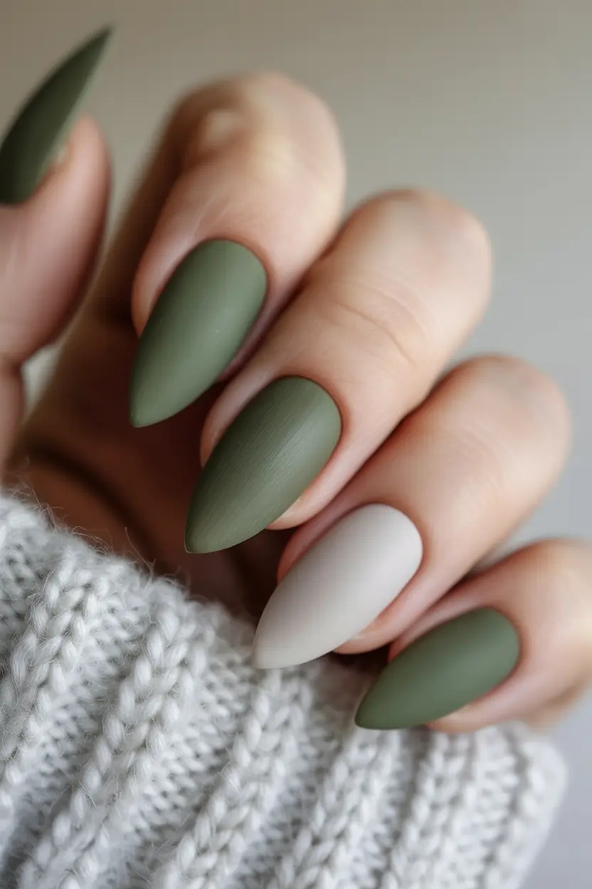 Olive green fall nails Matte Olive and Soft Beige Almond Nails
