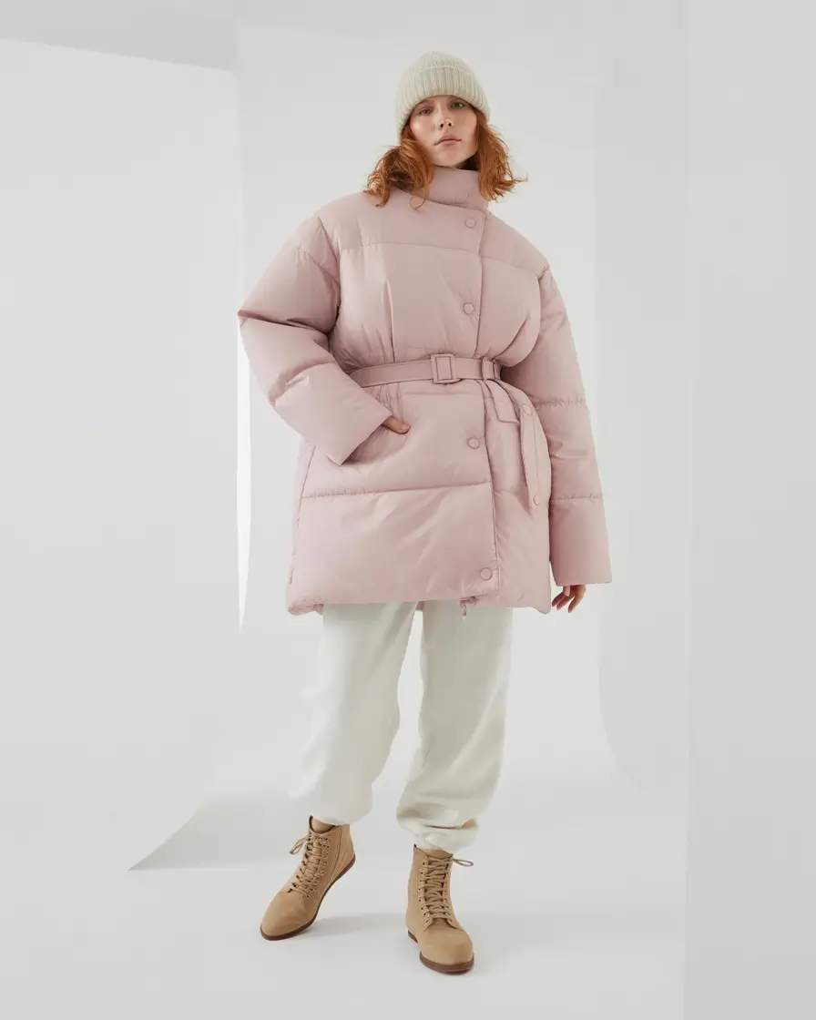 plus size winter outfits Blush Belted Puffer