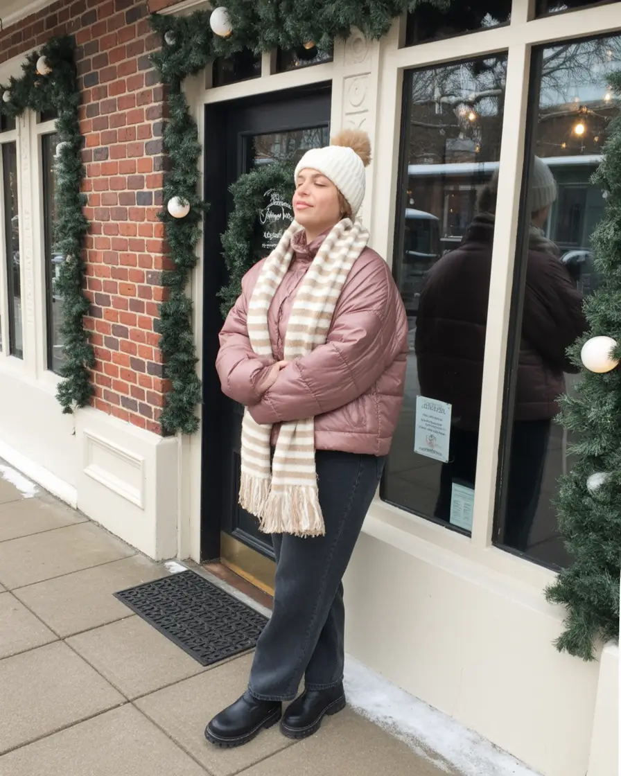 plus size winter outfits Cozy Pink with Striped Accents