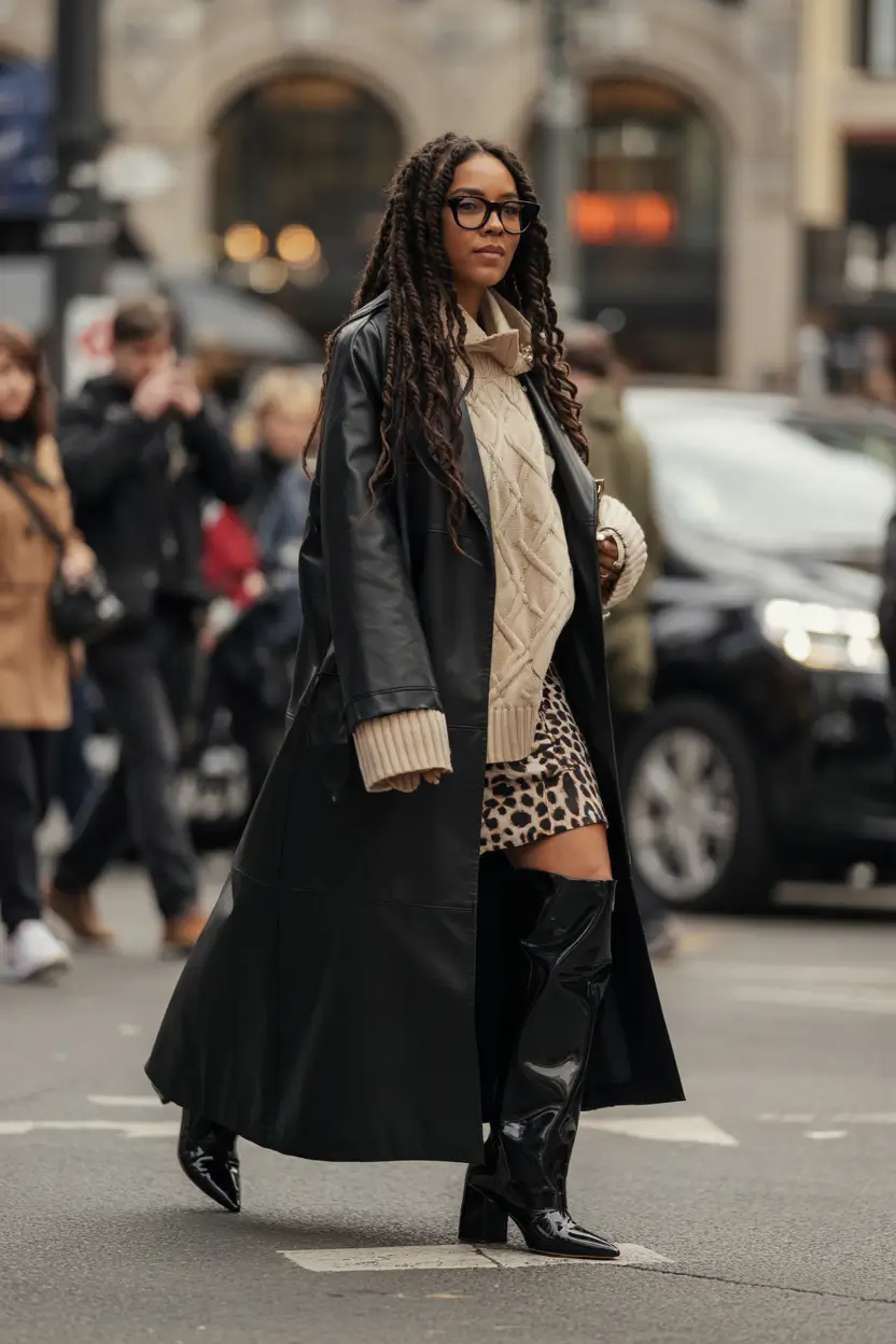 plus size winter outfits Leather Drama with Leopard Flair