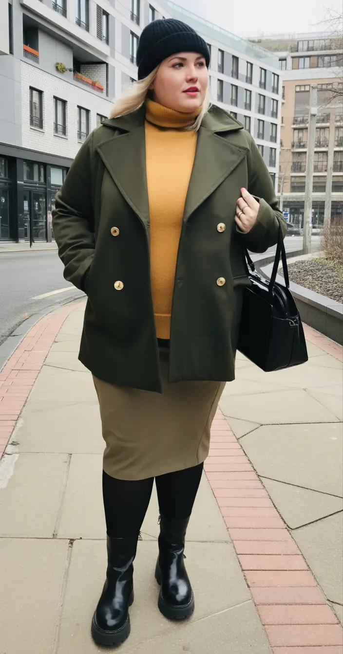 plus size winter outfits Olive and Mustard Contrast