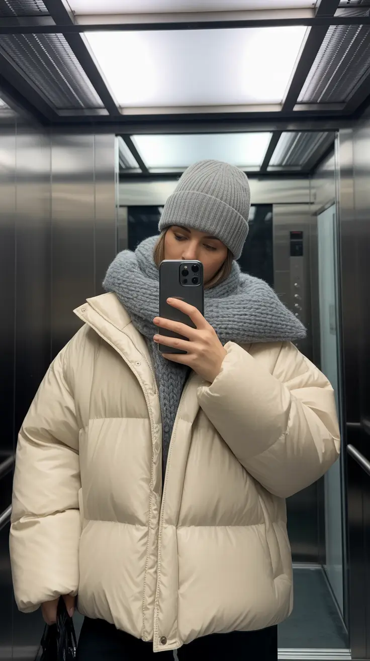 puffer jacket outfit Cream and Grey Harmony