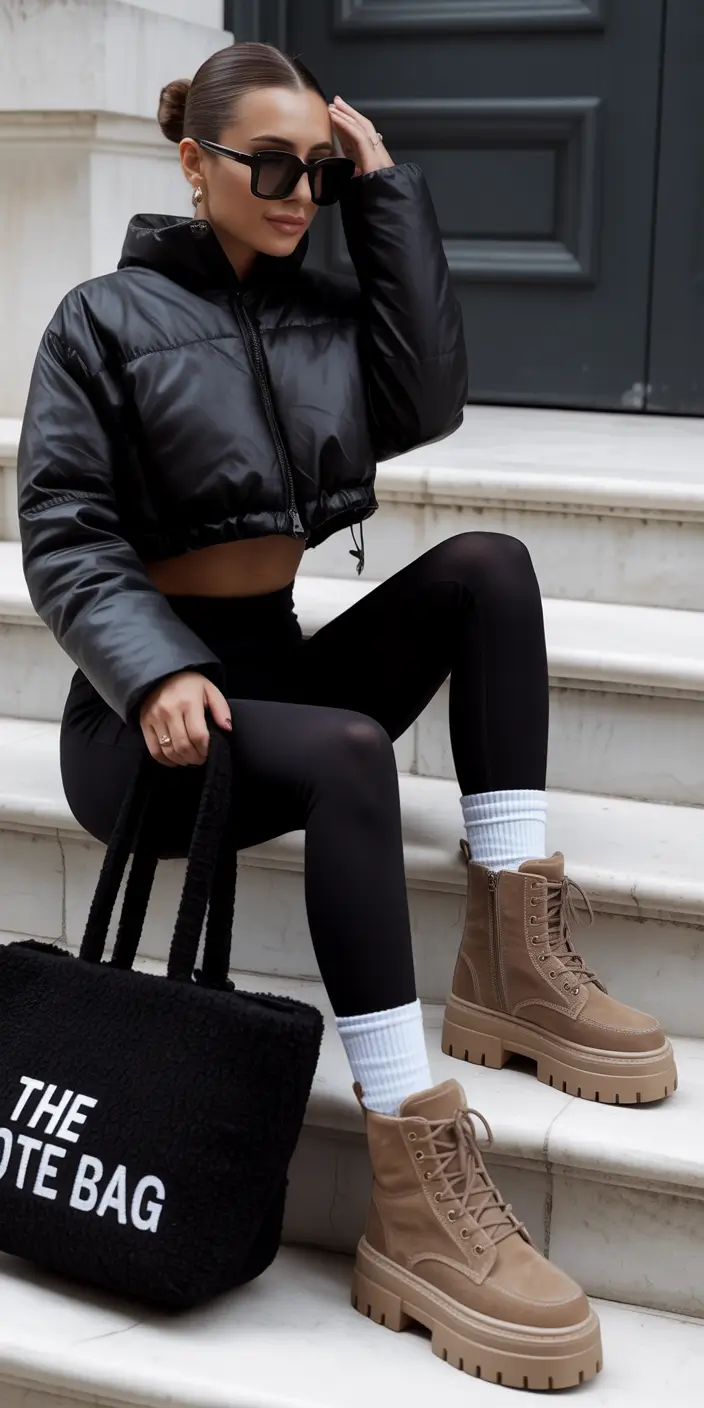 puffer jacket outfit Cropped Black Street Chic