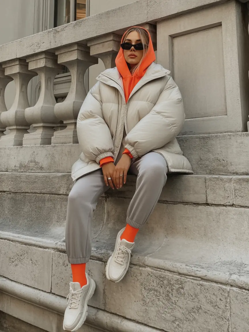 puffer jacket outfit Street Energy with Orange Pop