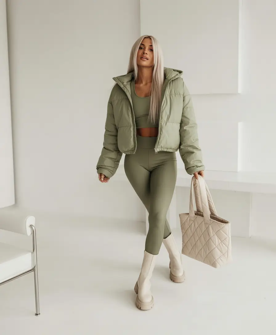 puffer jacket outfit Sporty Minimalism in Olive