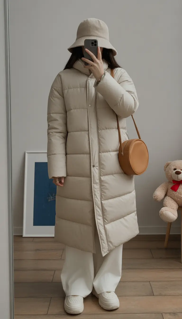 puffer jacket outfit Soft Neutrals with a Playful Twist