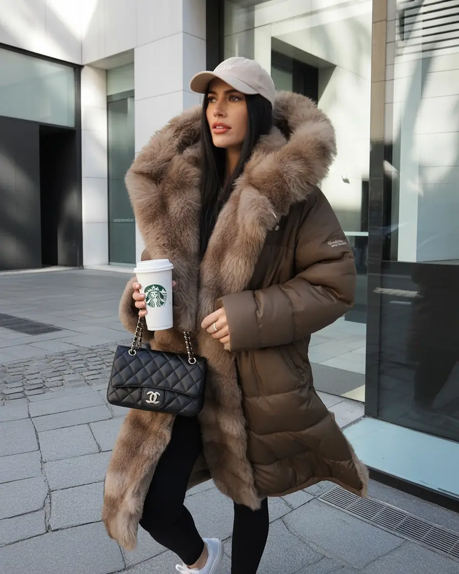 puffer jacket outfit Fur-Trimmed Glamour