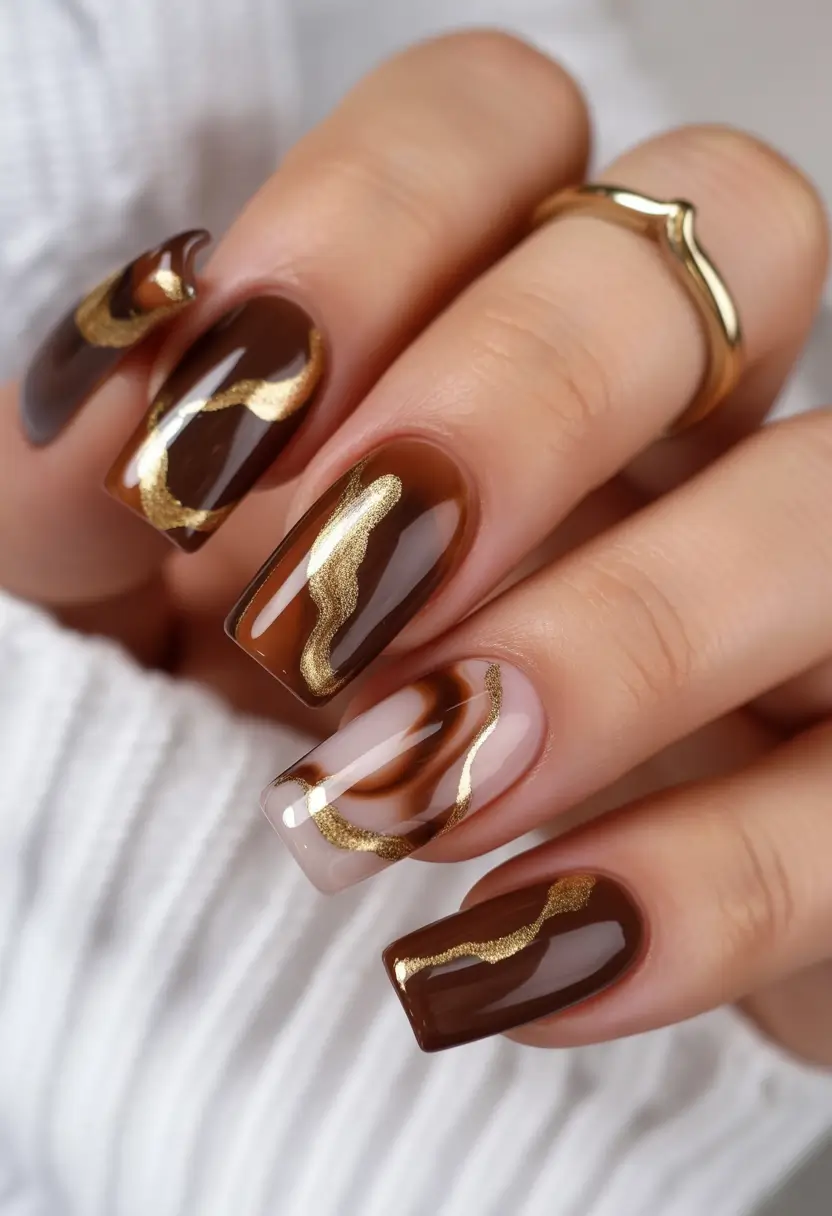 Fall Square Nails Molten Gold Waves