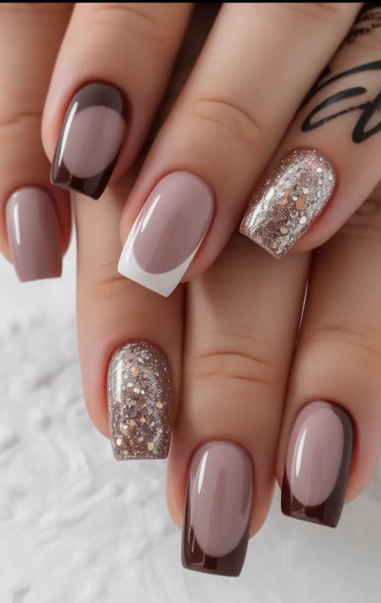 Fall Square Nails Glitter and Mocha Mix