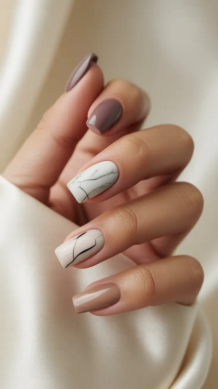 Fall Square Nails Marble Neutral Elegance