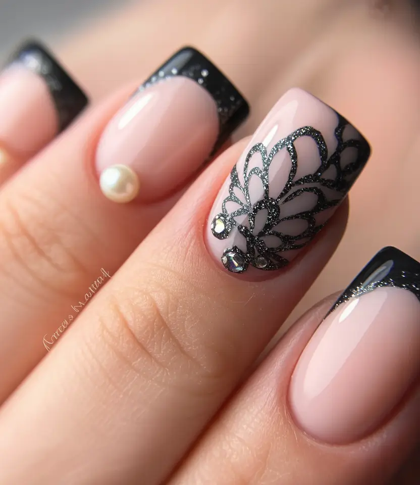 Fall Square Nails Black Lace Fantasy