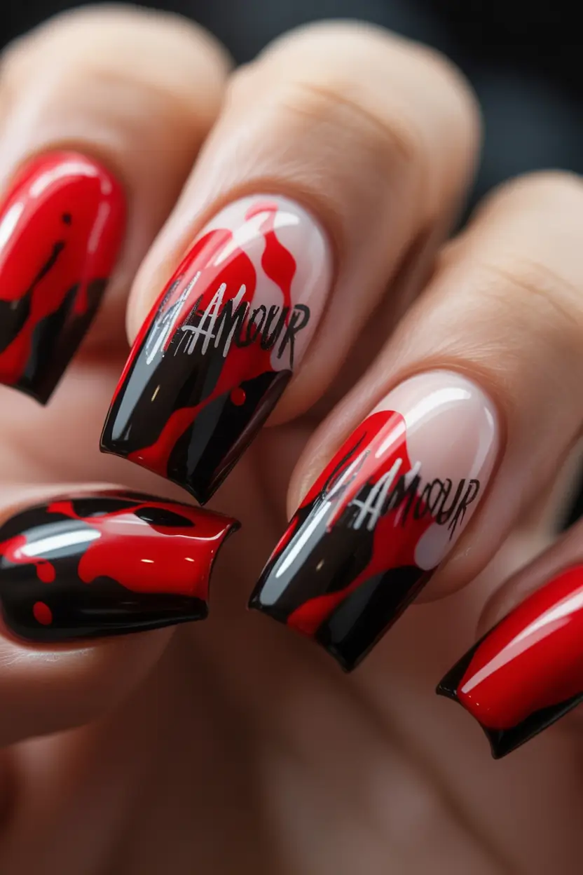 Fall Square Nails Red and Black Passion